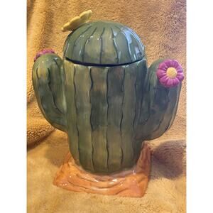 Clay Art Cactus Cookie Jar Ceramic Hand Painted Southwest Kitchen Kitchy